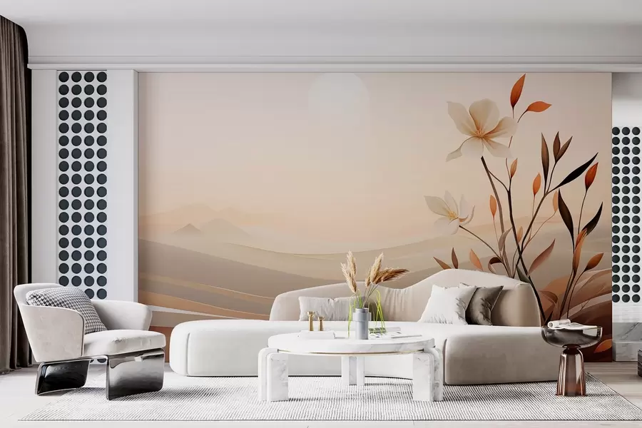 Fototapet Växande blomma mot en bakgrund av öken och berg w09044