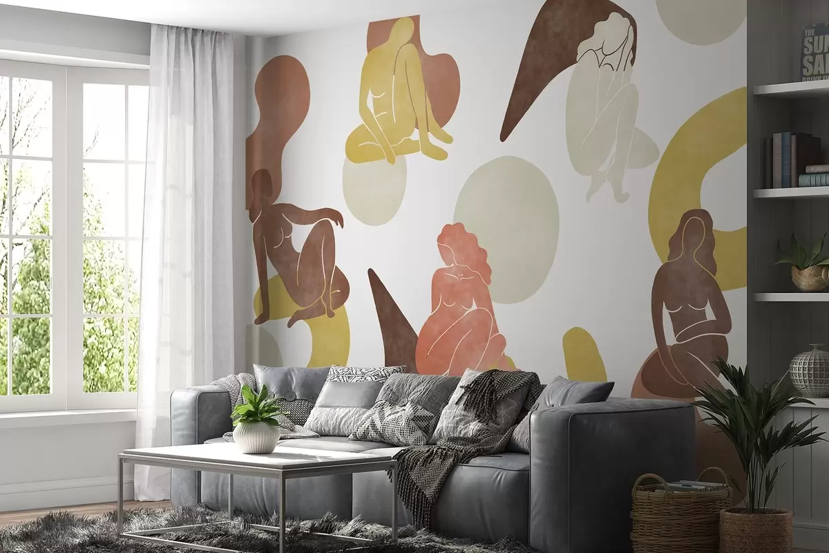 Fototapet Geometriska abstraktioner med kvinnliga silhuetter, boho-stil, brunt, beige, gult w03753v2