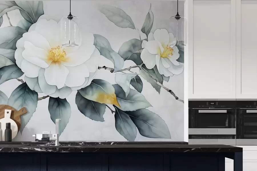 Fototapet Kameliablommor på gren i akvarellstil, naturliga färger w03761