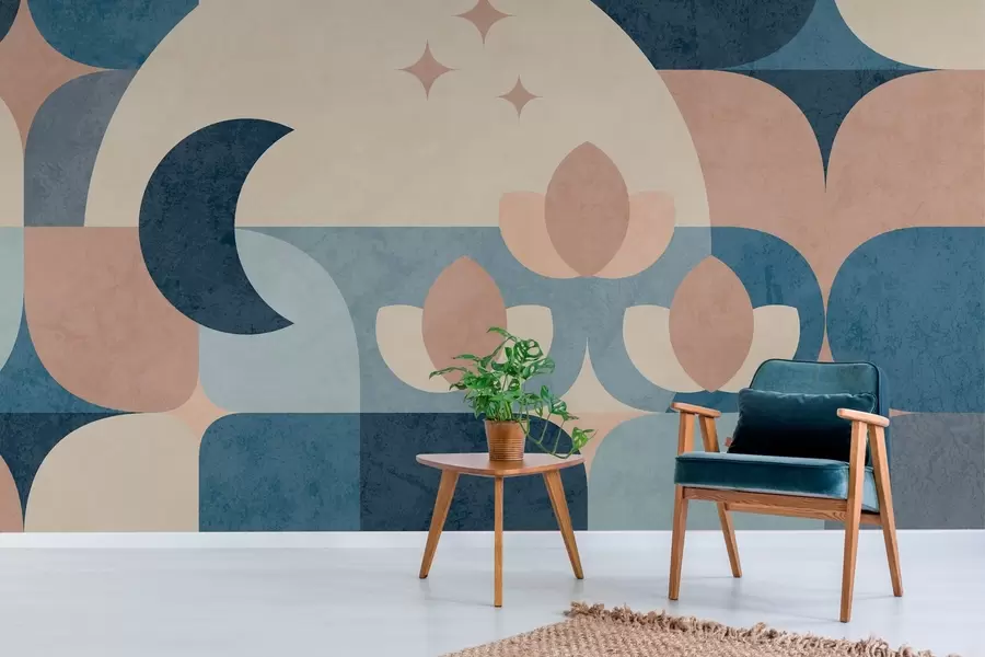 Fototapet geometrisk abstraktion, där mjuka former flätas samman med symboler för månen, blommor och stjärnor w03723