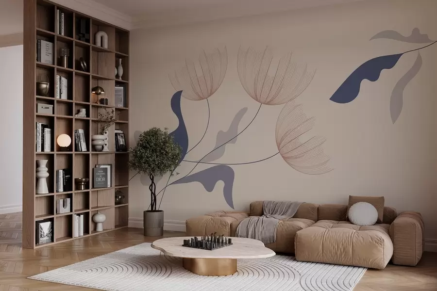 Fototapet eleganta minimalistiska blommor i blå toner på en beige bakgrund w03763