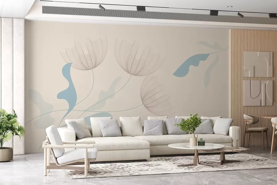 Fototapet eleganta minimalistiska blommor i ljusblå toner på en beige bakgrund w03763v1