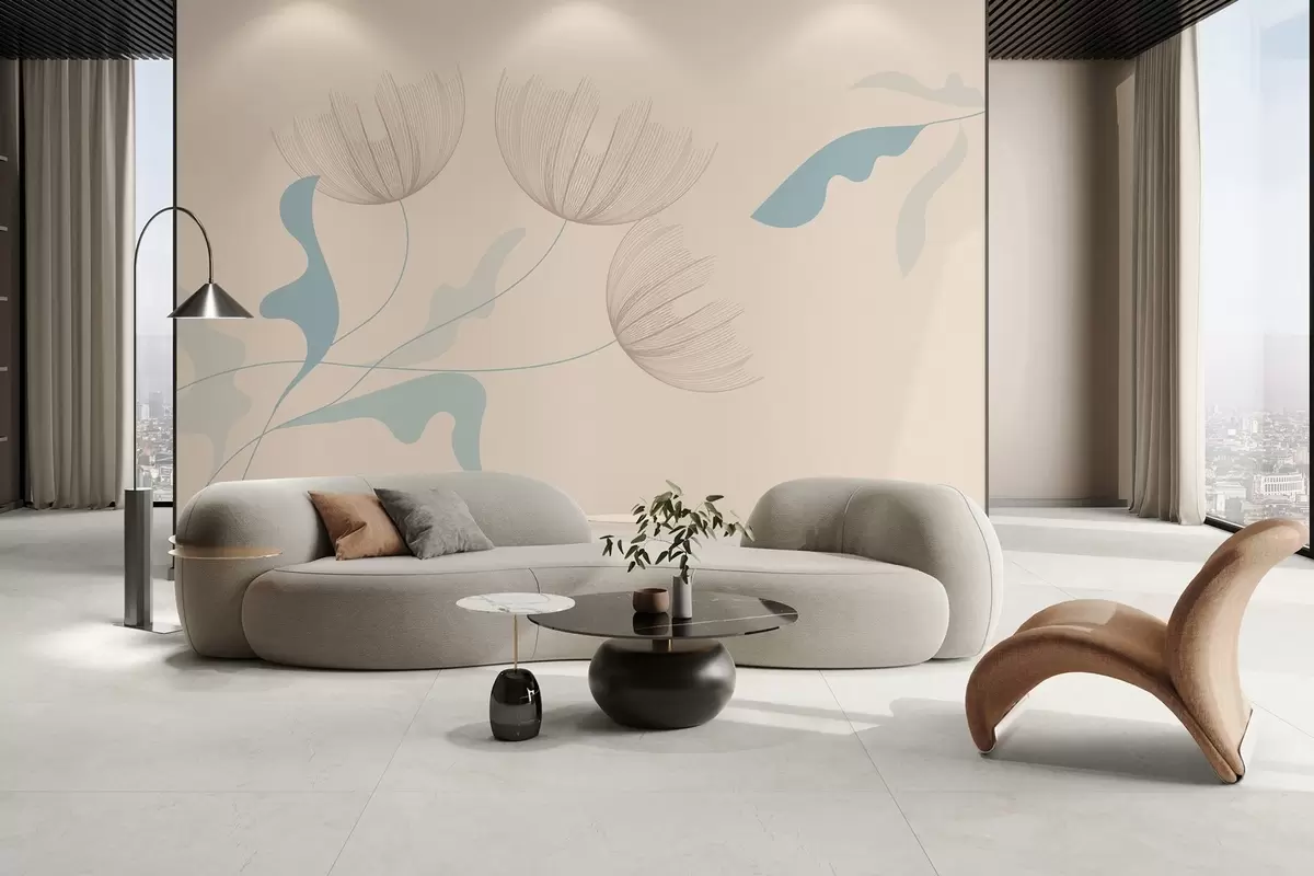 Fototapet eleganta minimalistiska blommor i ljusblå toner på en beige bakgrund w03763v1