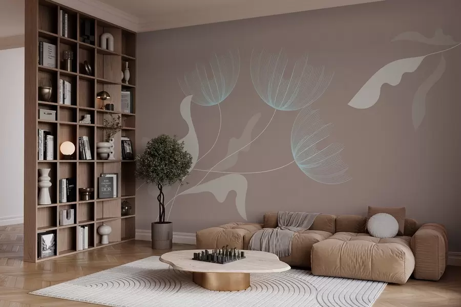 Fototapet eleganta minimalistiska blommor i vita och blå toner på en moccabakgrund w03763v3