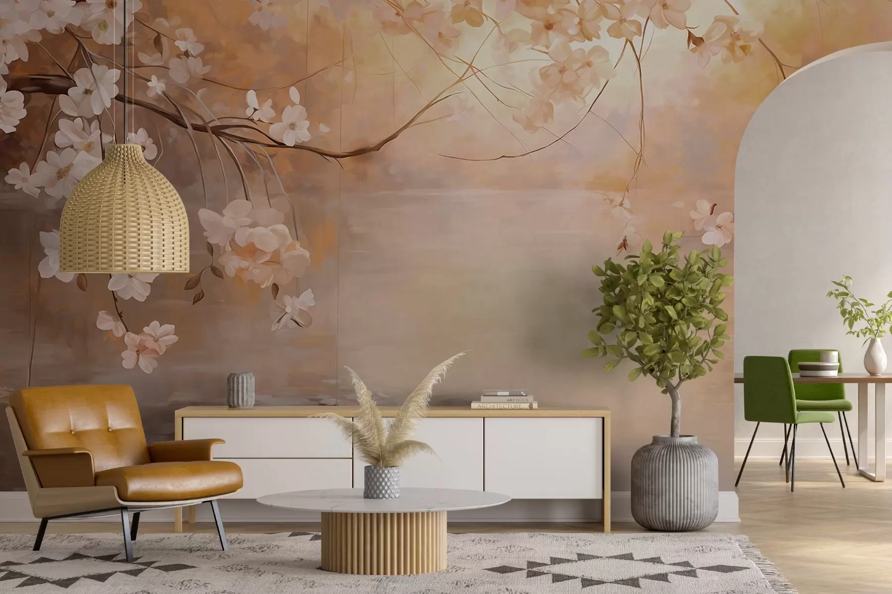 Fototapet Abstrakt landskapskonst med blommande gren och vita blommor som hänger över en sjö, mjuka pastellfärger w09046