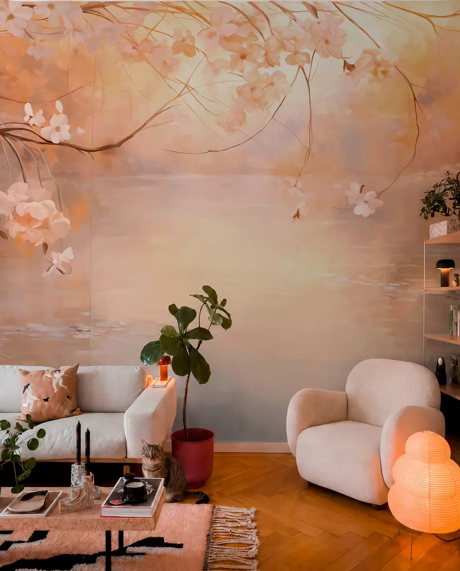 Fototapet Abstrakt landskapskonst med blommande gren och vita blommor som hänger över en sjö, mjuka pastellfärger w09046