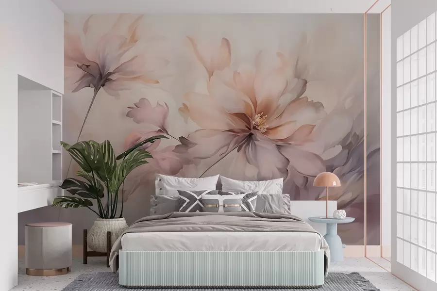 Fototapet En delikat blomsterkonst med stora pastellfärgade blommor med genomskinliga kronblad, mjuka stjälkar och en mild diffus bakgrund  w09050