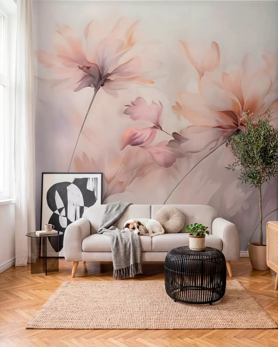 Fototapet En delikat blomsterkonst med stora pastellfärgade blommor med genomskinliga kronblad, mjuka stjälkar och en mild diffus bakgrund  w09050