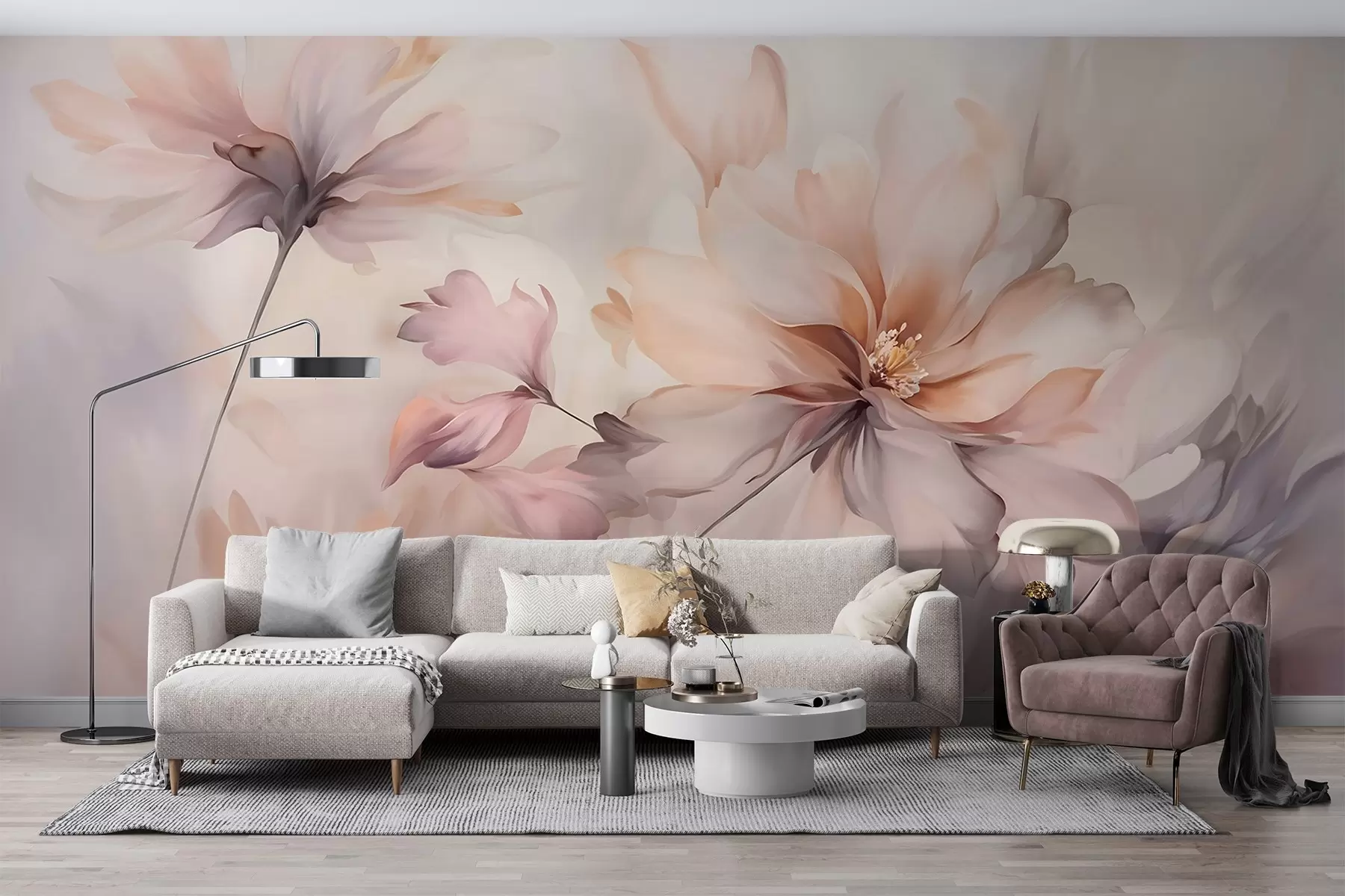 Fototapet En delikat blomsterkonst med stora pastellfärgade blommor med genomskinliga kronblad, mjuka stjälkar och en mild diffus bakgrund  w09050