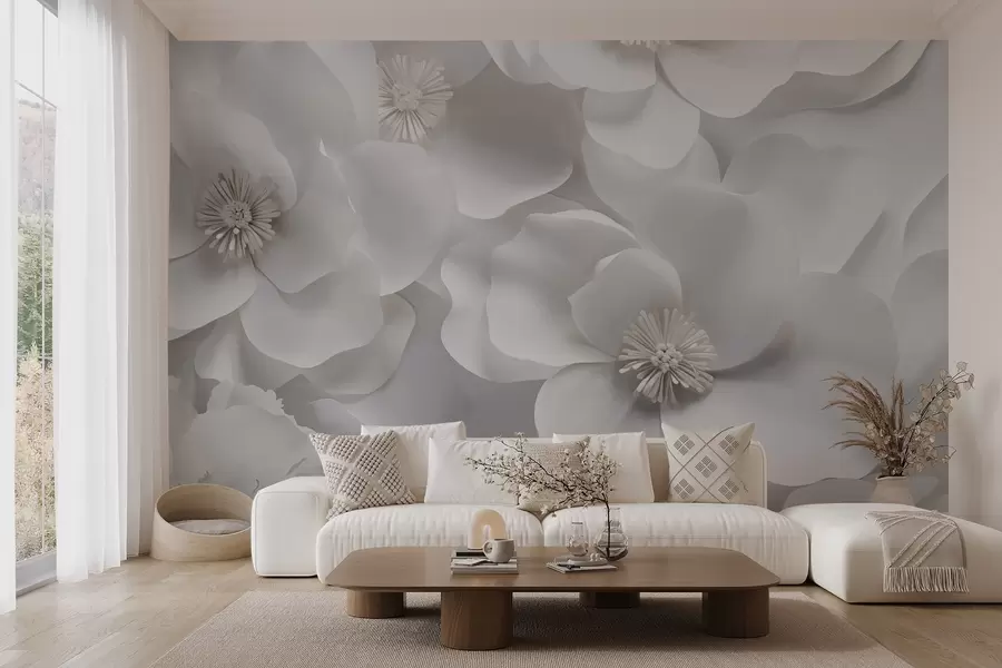 Fototapet Vita blommor med fina kronblad, arrangerade i ett tätt kluster, vilket skapar en känsla av renhet och elegans på vit bakgrund w09053