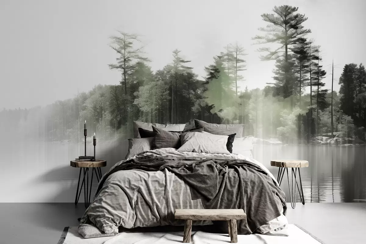 Fototapet Abstrakt minimalistiskt texturerat landskap med en sjö och träd som speglar sig i vattnet i gröna och vita nyanser w09058