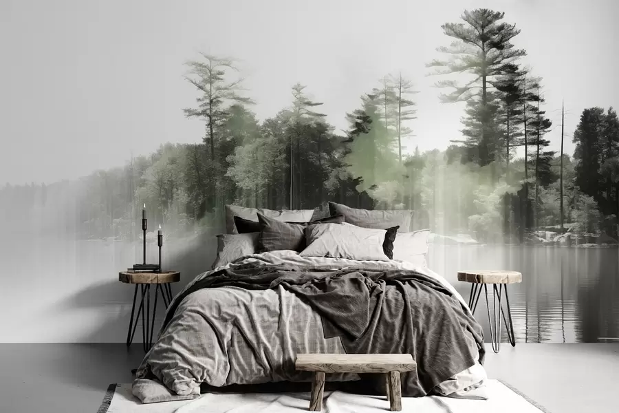 Fototapet Abstrakt minimalistiskt texturerat landskap med en sjö och träd som speglar sig i vattnet i gröna och vita nyanser w09058