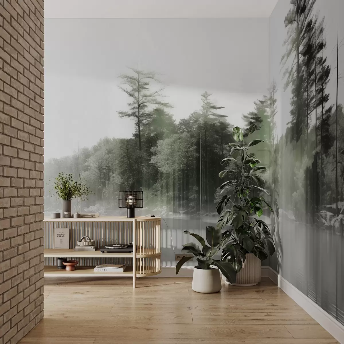 Fototapet Abstrakt minimalistiskt texturerat landskap med en sjö och träd som speglar sig i vattnet i gröna och vita nyanser w09058