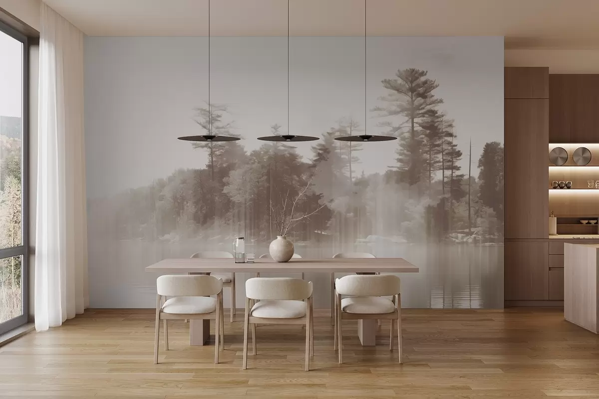 Fototapet Abstrakt minimalistiskt texturerat landskap med en sjö och träd som speglar sig i vattnet i beige och vita nyanser w09058v1