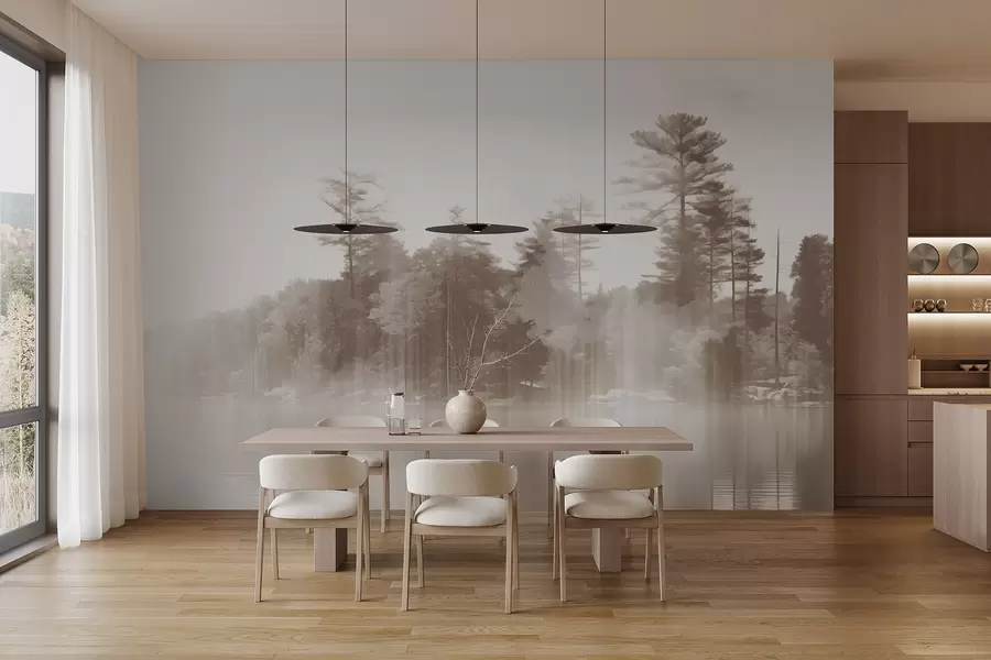 Fototapet Abstrakt minimalistiskt texturerat landskap med en sjö och träd som speglar sig i vattnet i beige och vita nyanser w09058v1