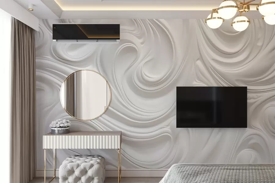 Fototapet Vit abstrakt modern konst med flytande virvlar och vågor, slät textur, elegant design, minimalistisk estetik w09059
