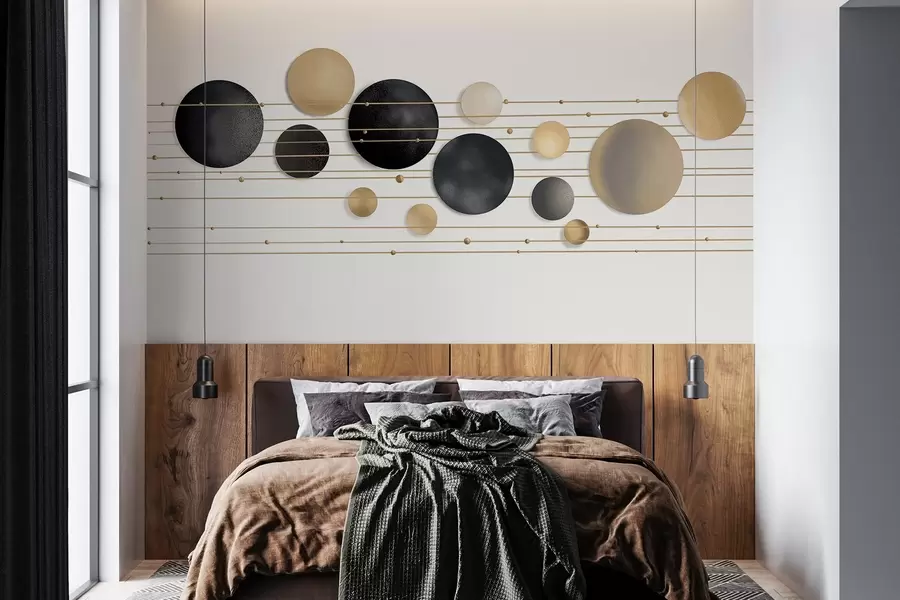 Fototapet Abstrakt modern design med texturerade cirklar i vita, gula och grå toner, förbundna med tunna linjer, minimalistisk konst  w09060