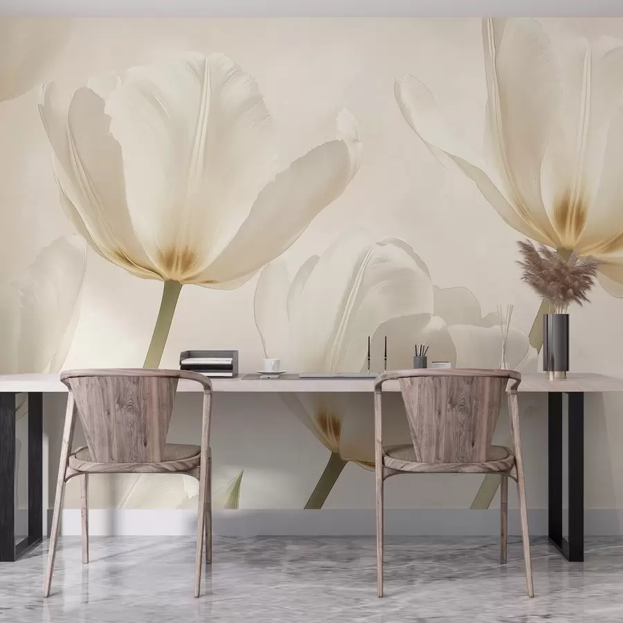 Fototapet Vackra tulpaner, blommiga, beige färger, realism w03877