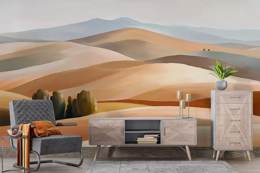 Fototapet Landskap med träd, Toscana, naturliga färger, oljestil w03880