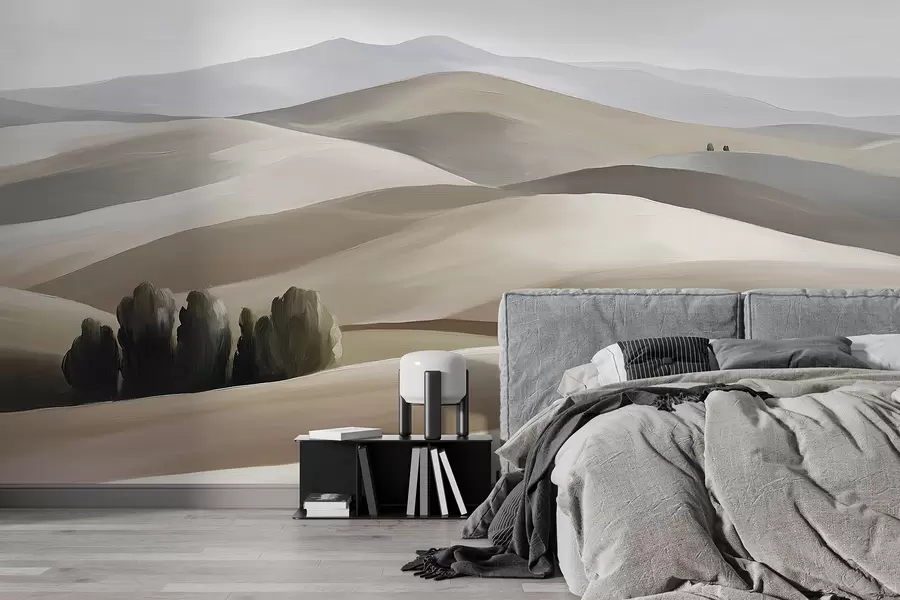 Fototapet Landskap med träd, Toscana, beige och grå färger, oljestil w03880v1