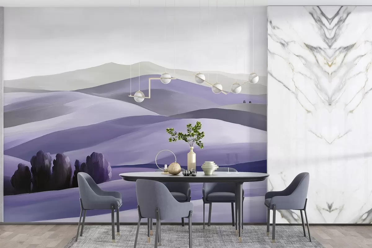 Fototapet Landskap med träd, Toscana, lila färger, oljestil w03880v3