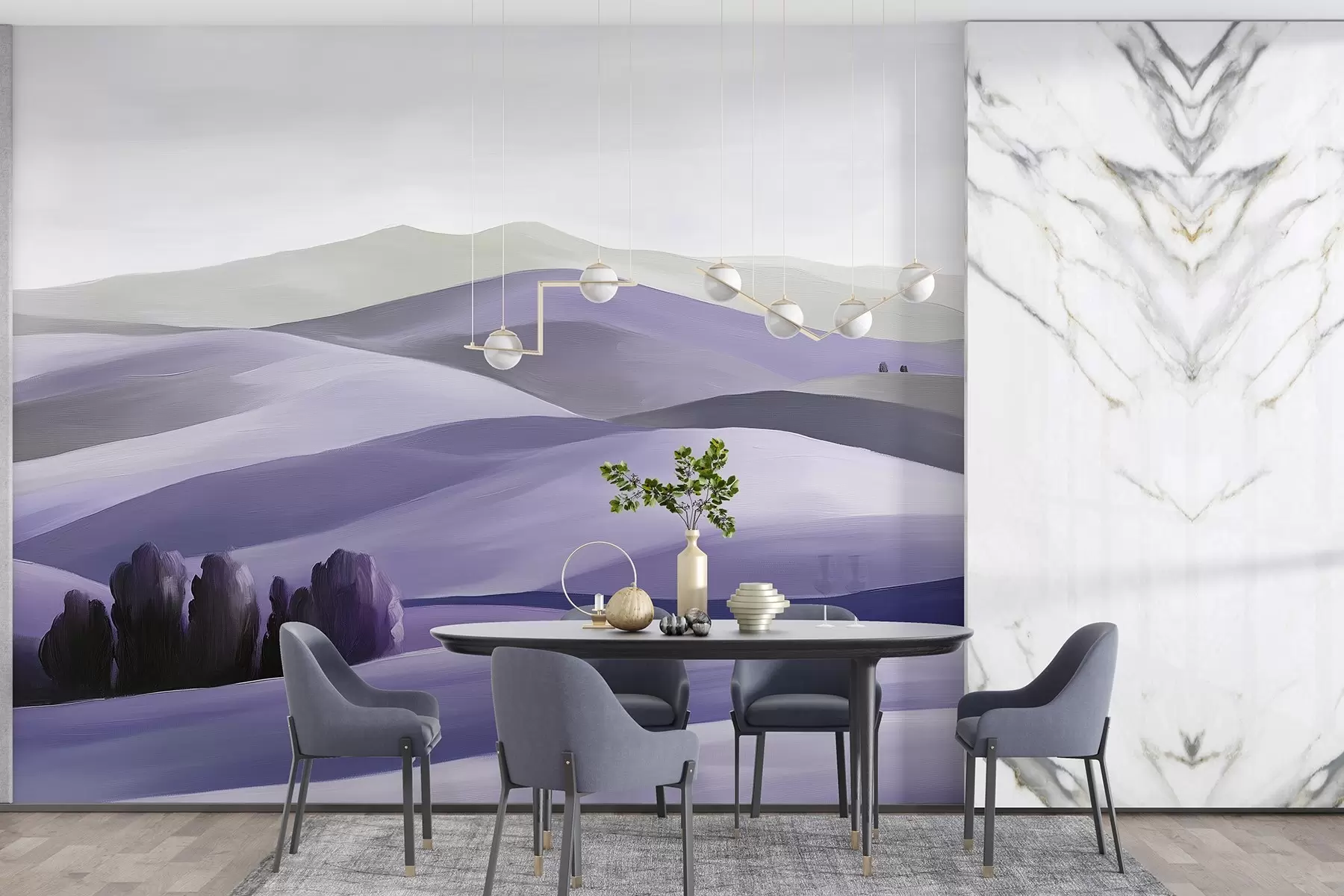 Fototapet Landskap med träd, Toscana, lila färger, oljestil w03880v3