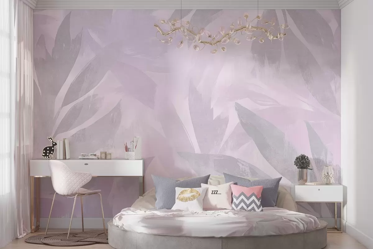 Fototapet Tropiska blad, blommor, palmer, pastellstil, lila färger w03881v1