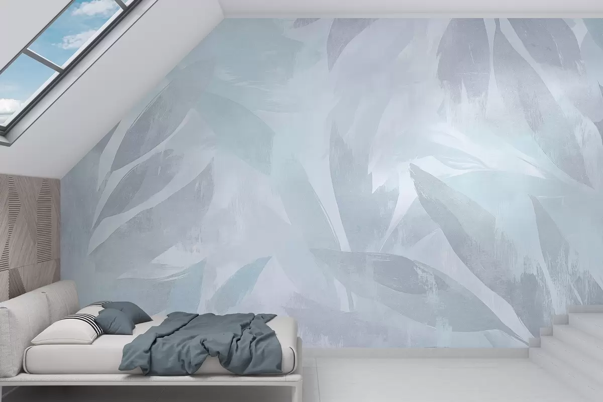 Fototapet Tropiska blad, blommor, palmer, pastellfärgad stil, blå färger w03881v2