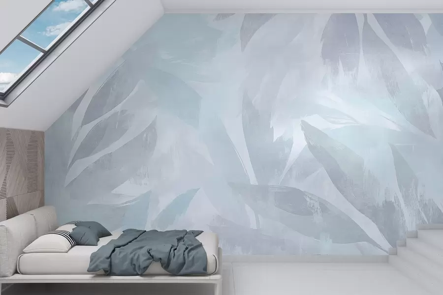 Fototapet Tropiska blad, blommor, palmer, pastellfärgad stil, blå färger w03881v2