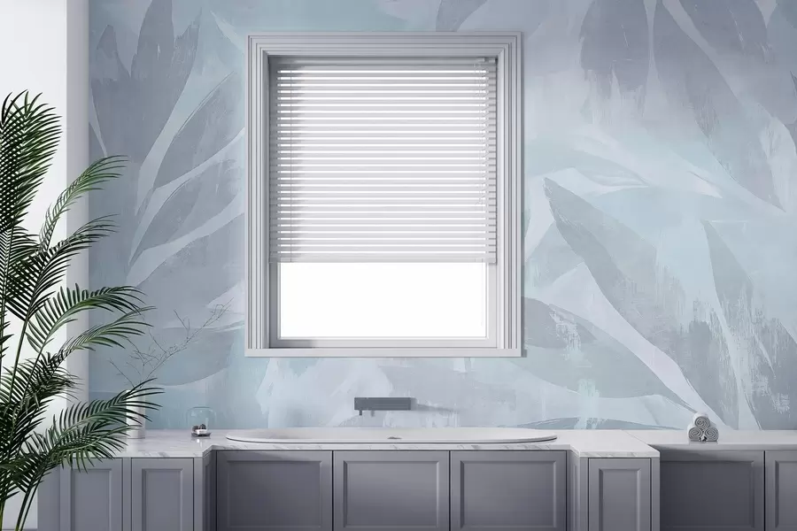 Fototapet Tropiska blad, blommor, palmer, pastellfärgad stil, blå färger w03881v2