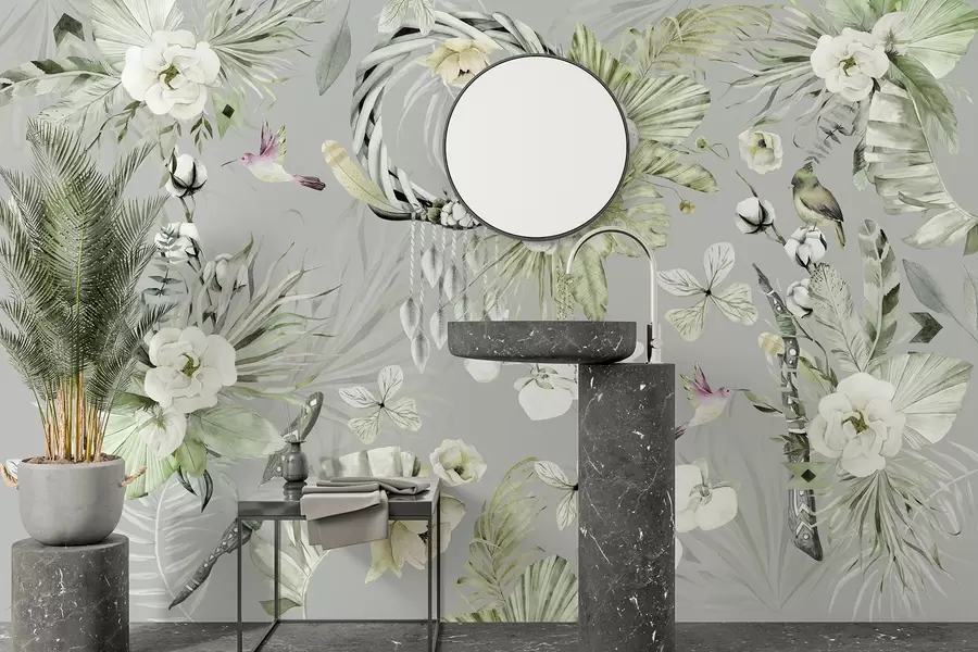 Fototapet Prydnad i Boho-stil med pionblommor och fåglar, akvarellstil, gröna färger w03885v2