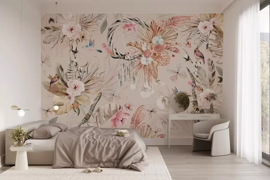 Fototapet Prydnad i Boho-stil med pionblommor och fåglar, akvarellstil, mjuka färger w03885v3