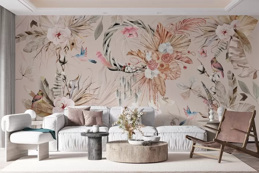 Fototapet Prydnad i Boho-stil med pionblommor och fåglar, akvarellstil, mjuka färger w03885v3