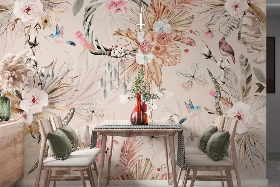 Fototapet Prydnad i Boho-stil med pionblommor och fåglar, akvarellstil, mjuka färger w03885v3