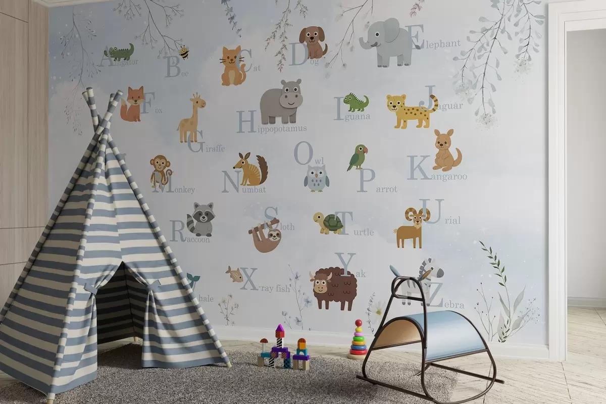 Fototapet Alfabet med blå bokstäver, växter och himmel w03809v1