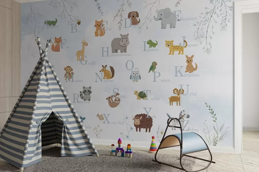 Fototapet Alfabet med blå bokstäver, växter och himmel w03809v1