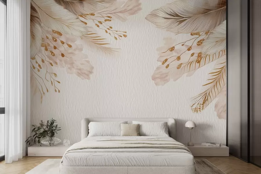 Fototapet Pampasgräs och fjädrar i akvarellstil i beige och vitt på papper w09079