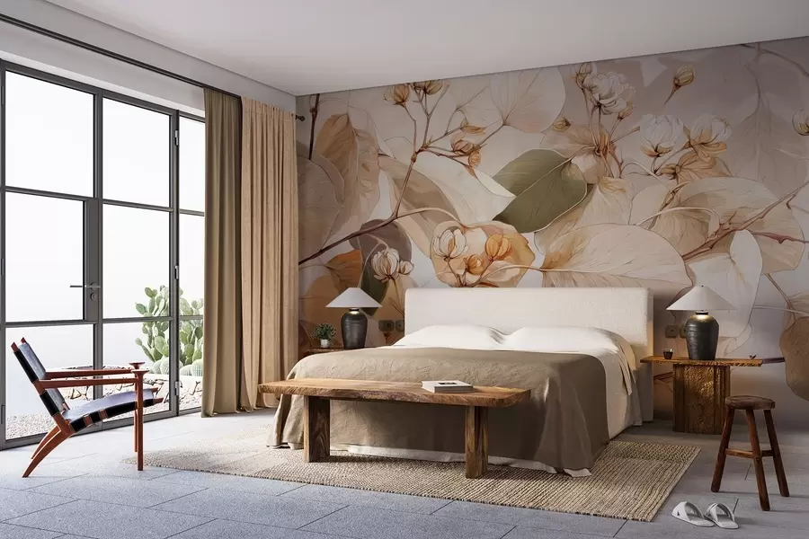 Fototapet Grenar av asplöv och blommor i oljemålningsstil i beige toner w09082