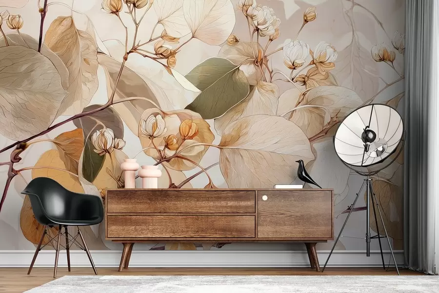 Fototapet Grenar av asplöv och blommor i oljemålningsstil i beige toner w09082