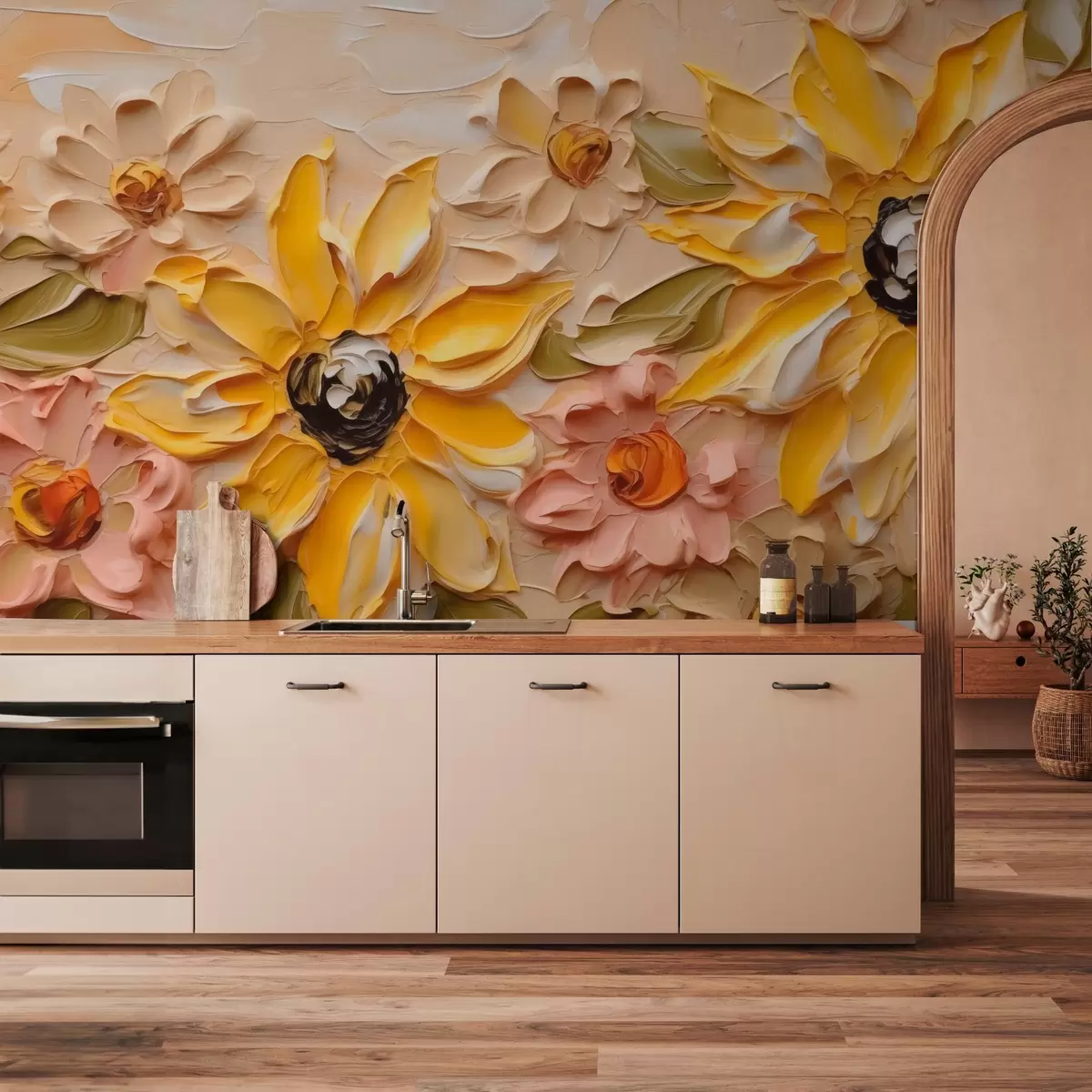 Fototapet Ljusa blommor imitation av penseldrag w03898