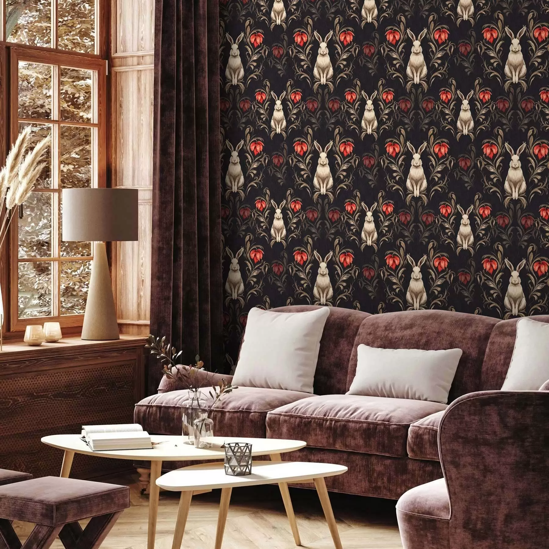 Fototapet Hare och röda blommor på en mörk bakgrund a00102