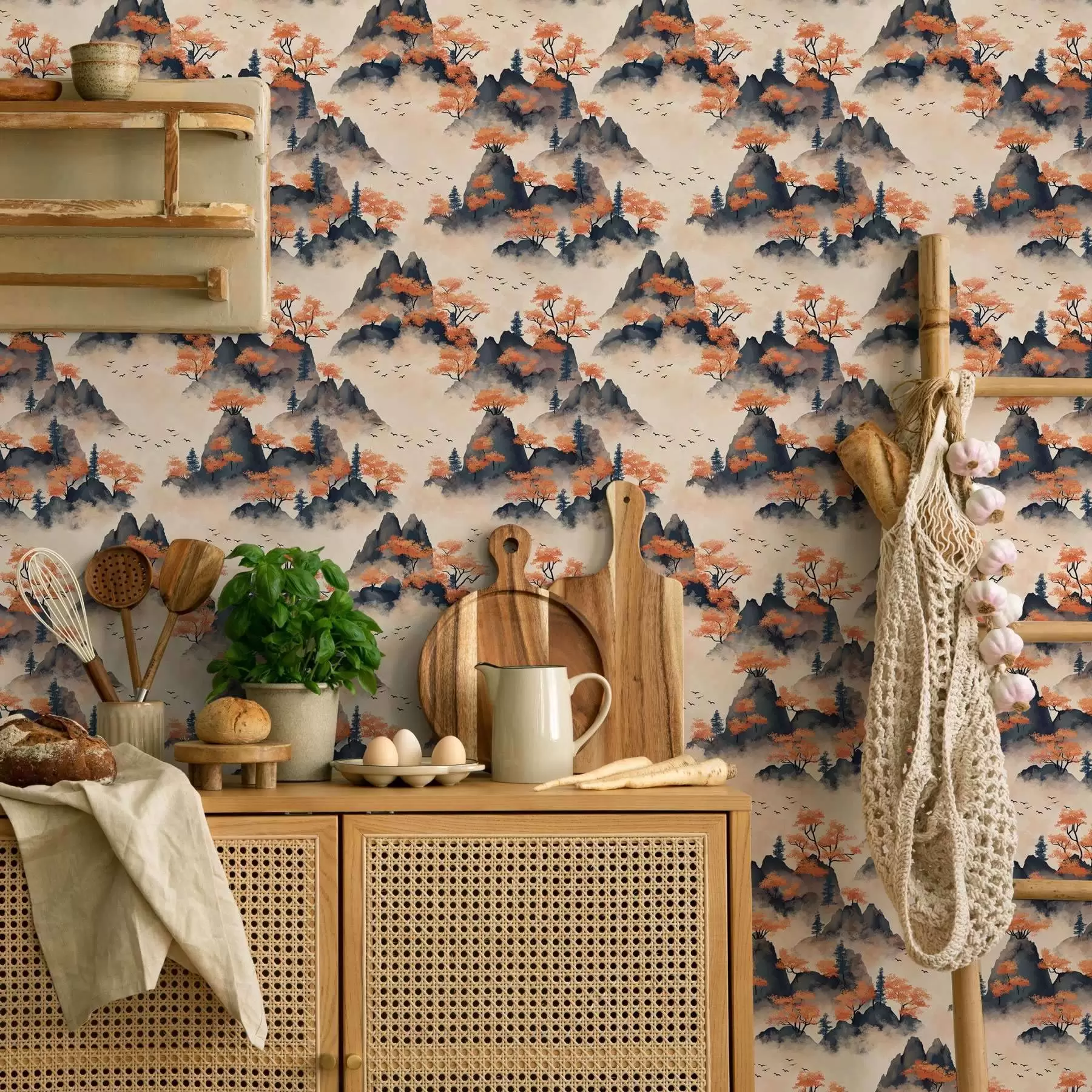 Fototapet Höstliga berg i dimma med orange träd och fåglar a00104