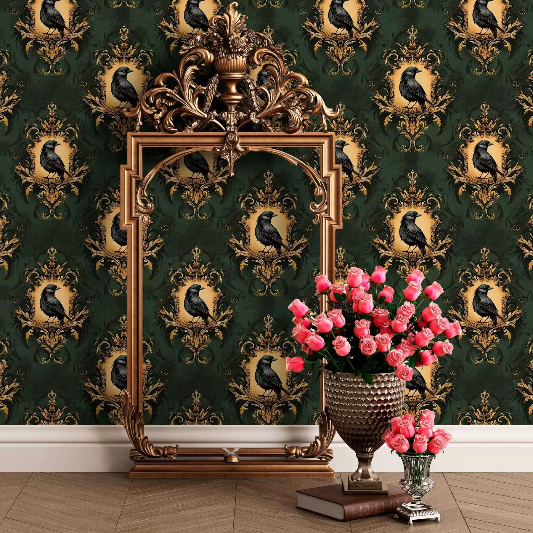 Fototapet Kråka i en ram på grön bakgrund a00105