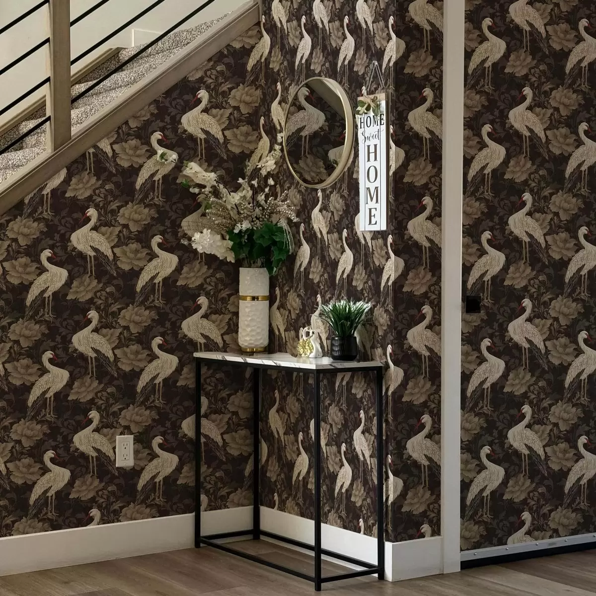 Bakgrund Tranor bland stora blommor i en klassisk pastellpalett a00108