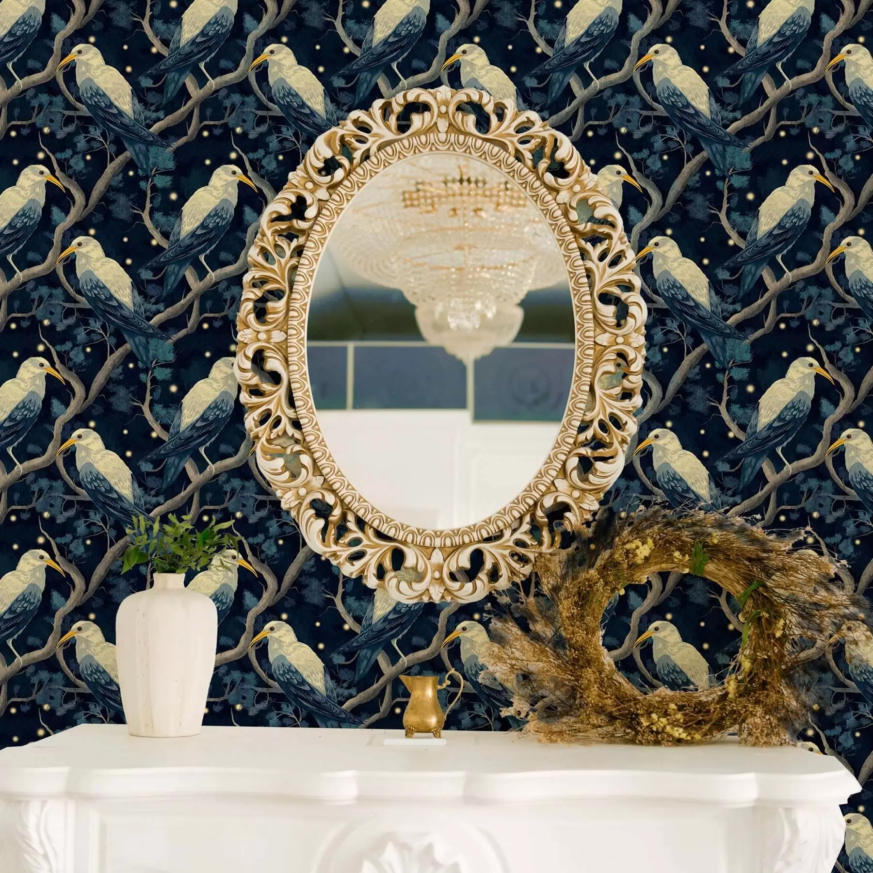 Fototapet Vita fåglar på grenar bland lysande eldflugor i nattskogen a00109