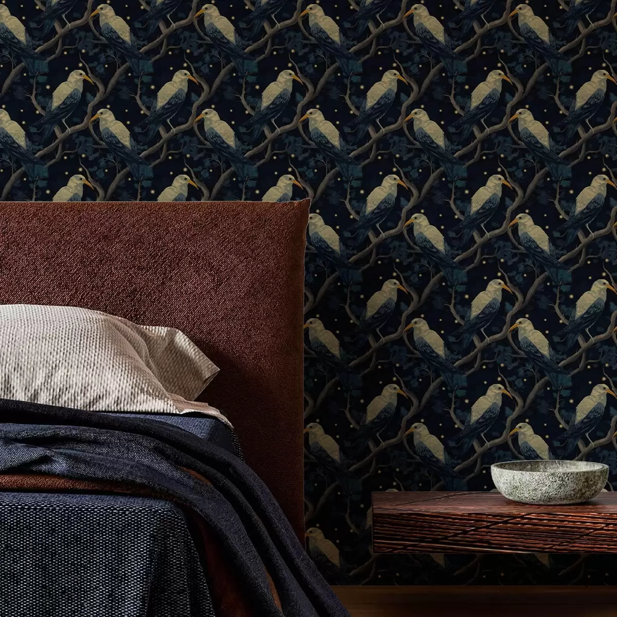 Bakgrund Nattfåglar på grenar och stjärnor på en mörkblå bakgrund a00109v1