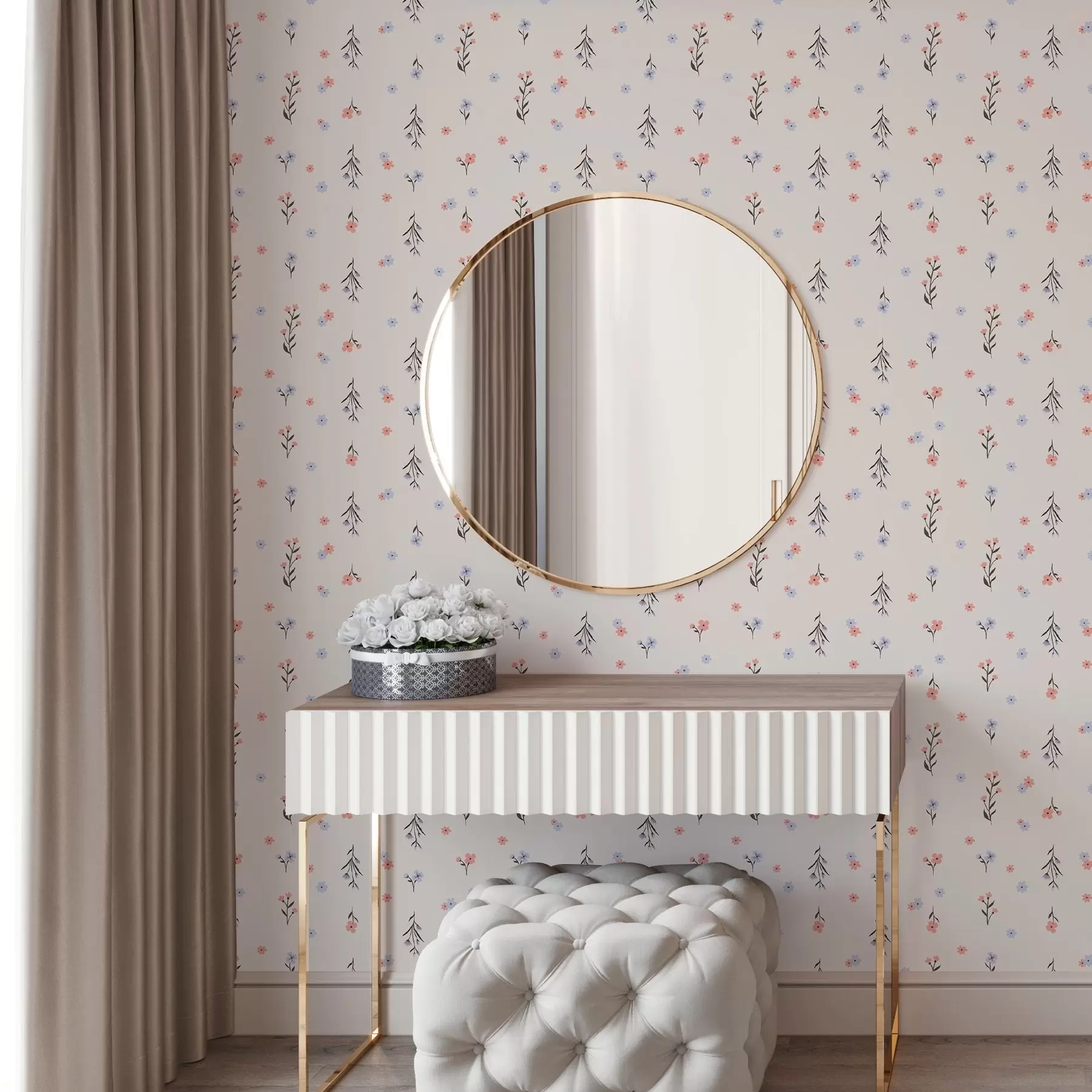 Fototapet Små blommor i ljusrosa och blå toner på en krämfärgad bakgrund a00110