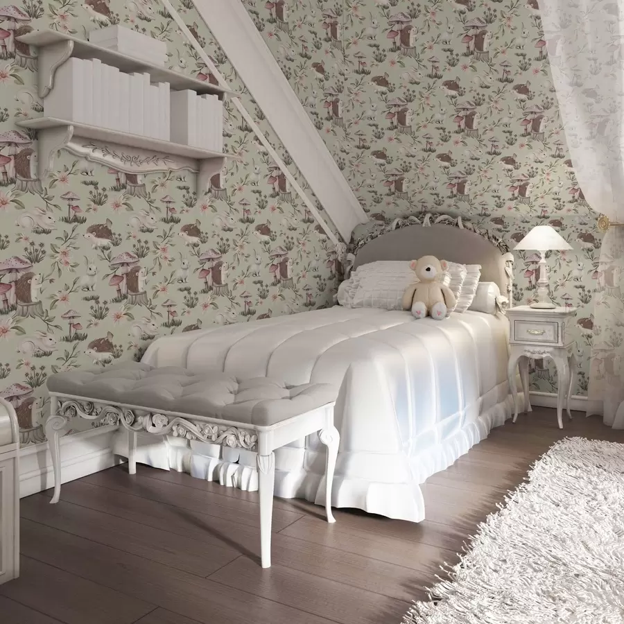 Fototapet Sagodjur och blommor på en grön bakgrund i fina pastellfärger a00111v1