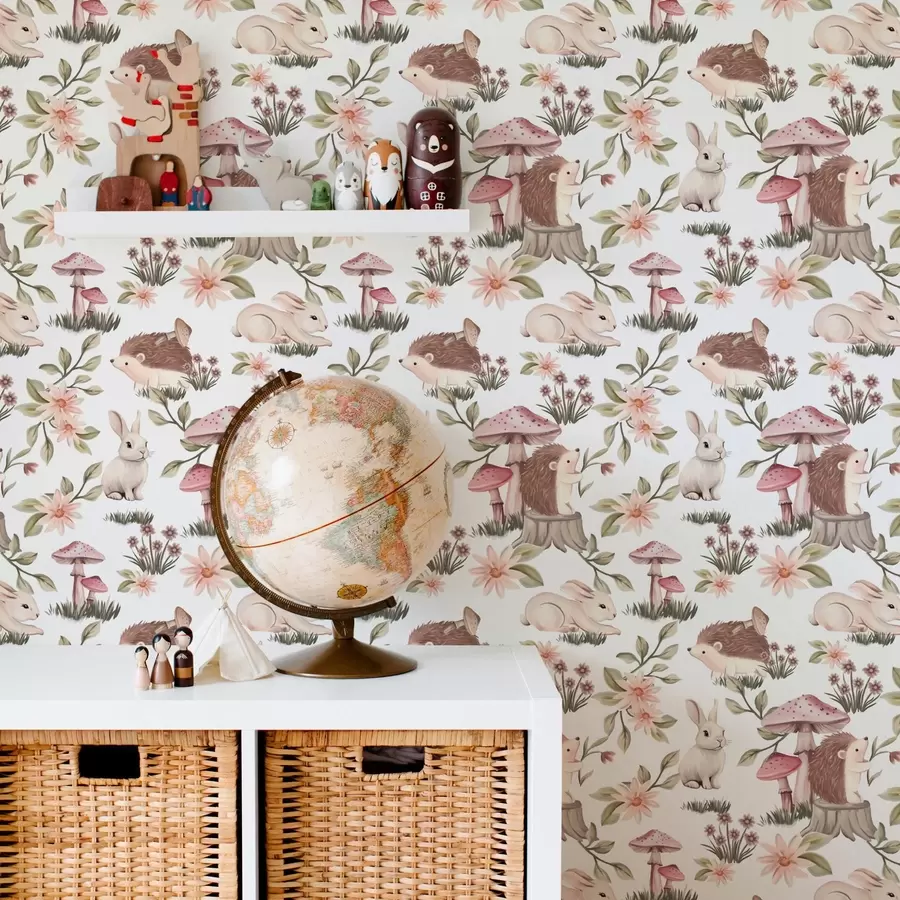 Fototapet Igelkottar och kaniner på vit bakgrund med skira blommor och svampar a00111v2