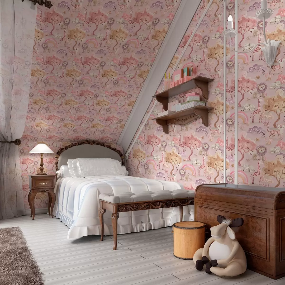 Bakgrund Lejonungar, giraffer och regnbågar i en pastellfärgad skog a00112